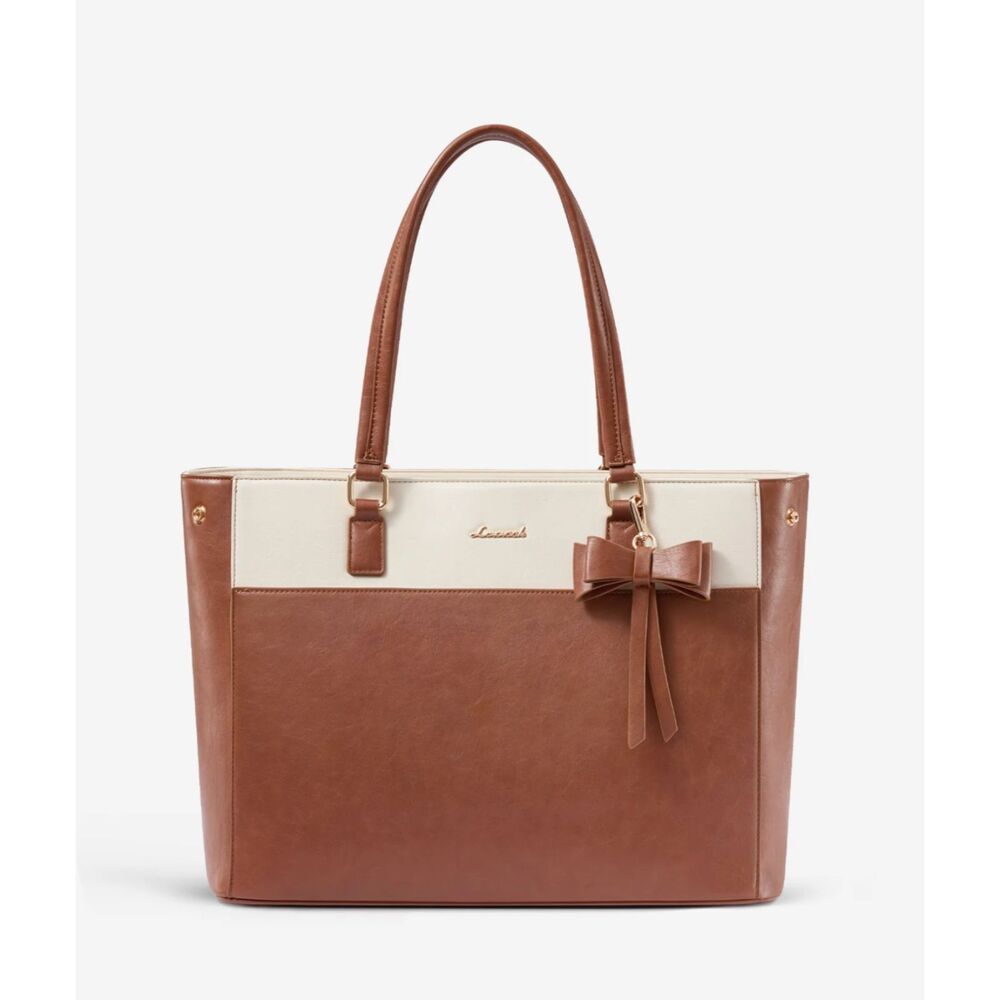 LOVEVOOK Brown & Cream Laptop Tote Bag with Insulated Lunch Compartment NWT